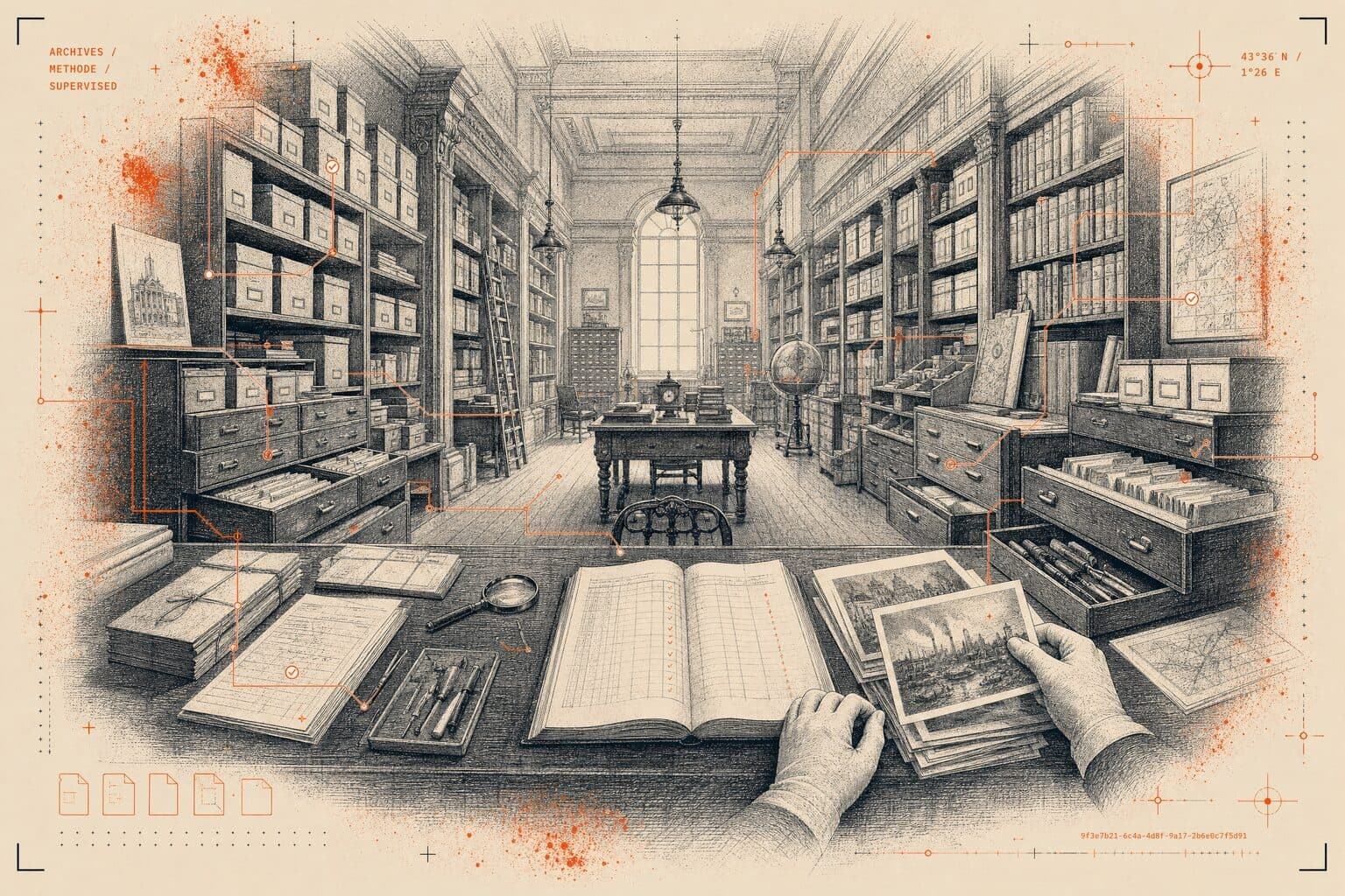 Salle d'archives méthodiquement organisée — la méthode imposant son ordre à une vaste collection fragile.