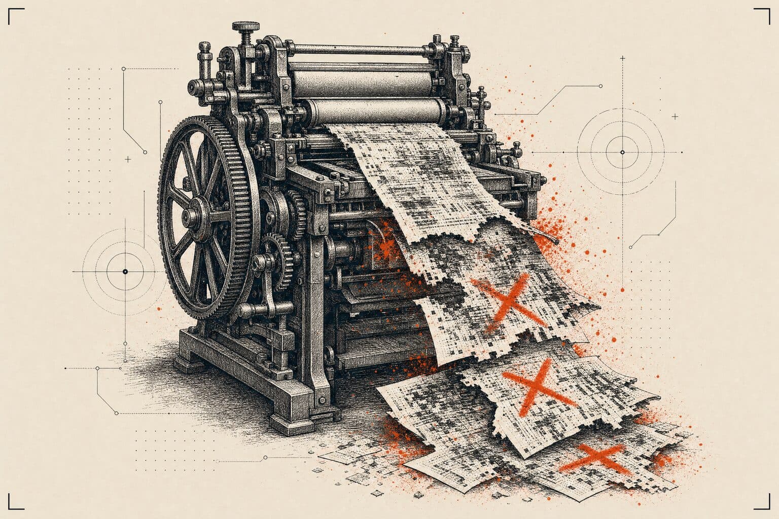 Une presse à imprimer crache des feuilles smudgées, marquées d'erreurs en vermillon.