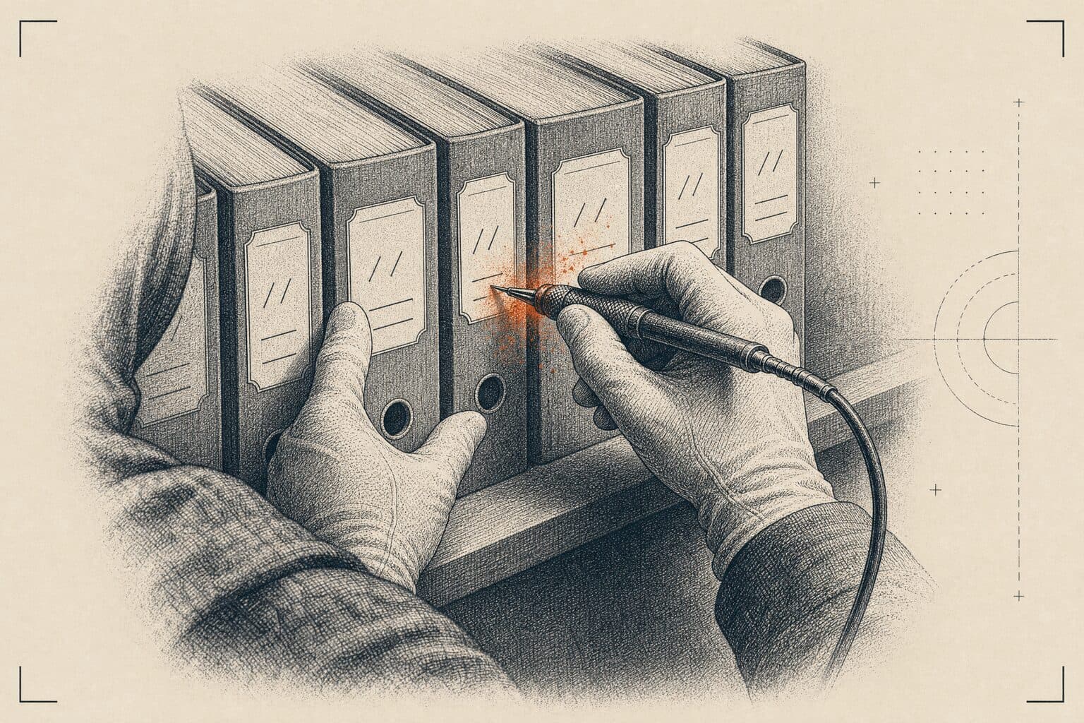 Un archiviste grave méticuleusement des étiquettes d'identification — le nom de fichier comme survivant ultime.