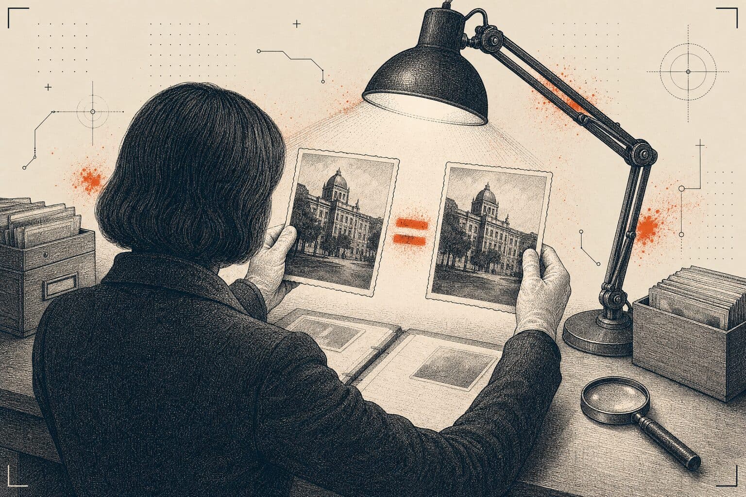 Un archiviste compare deux tirages identiques — détection visuelle d'un doublon recompressé.