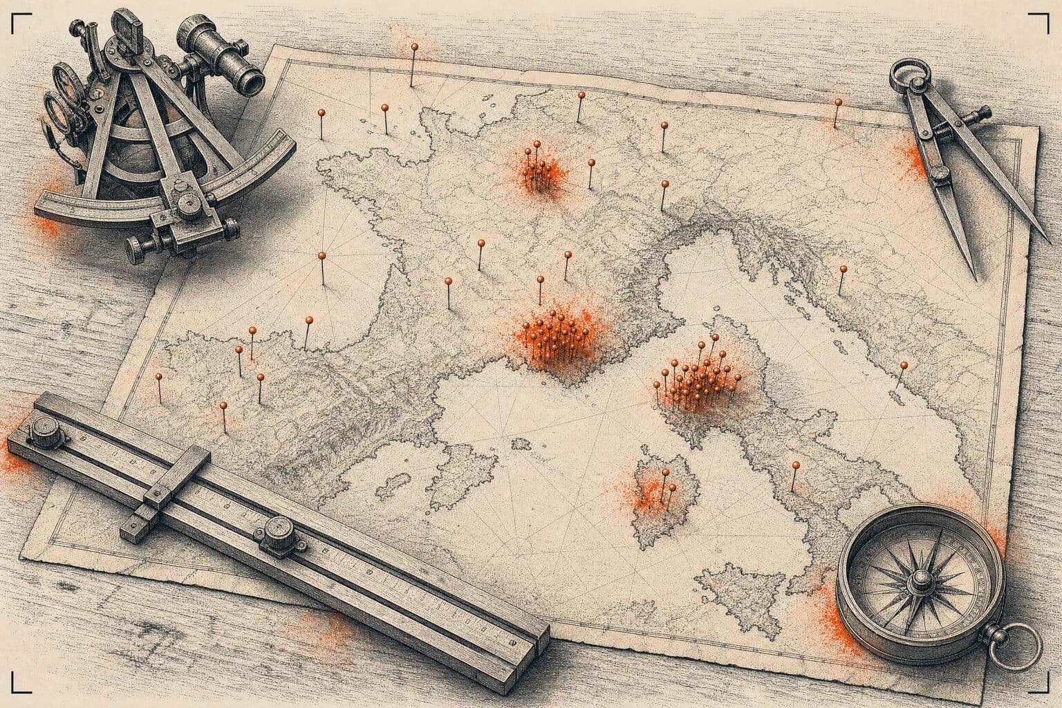 Une carte vintage piquée d'aiguilles vermillon — précision par cascade de sources géographiques.