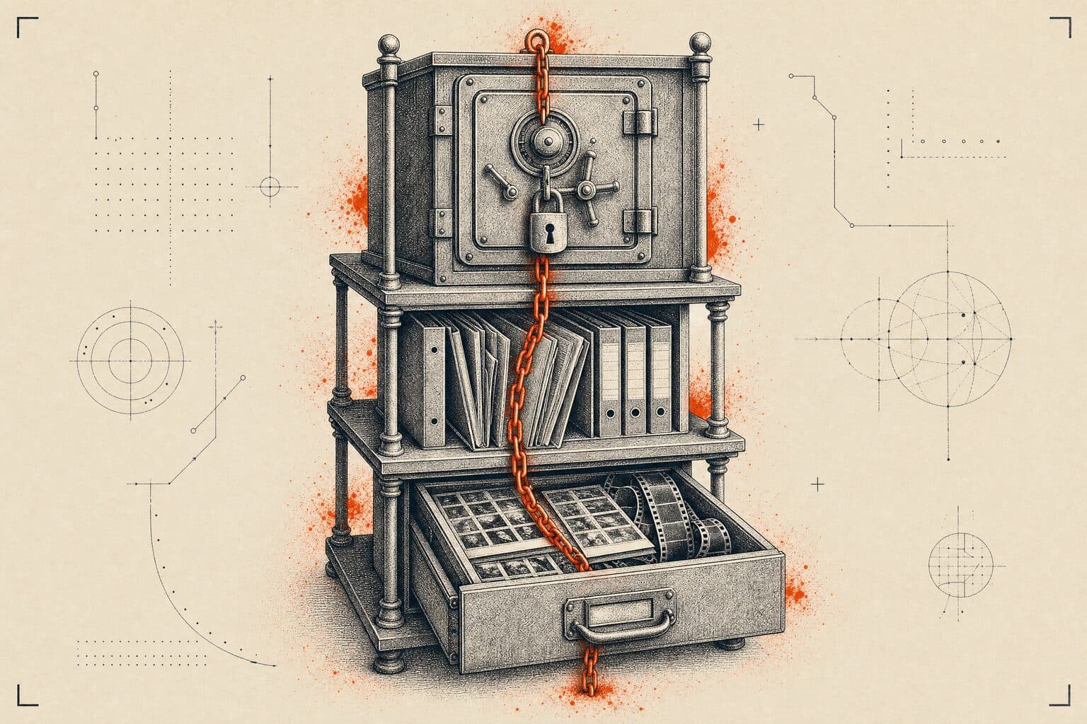 Trois niveaux verticaux — HD verrouillé, web accessible, thumbnails — reliés par une chaîne vermillon.