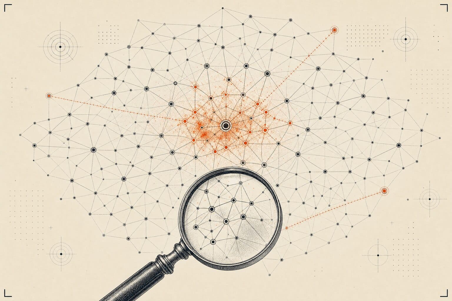 Toile sémantique de nœuds connectés — un cluster en vermillon montre les voisinages cachés.