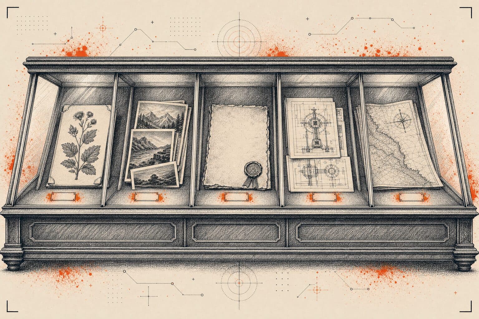 Vitrine multi-compartiments — herbiers, photographies, actes notariés, planches techniques, cartes.